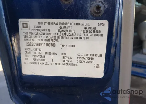 2001 Chevrolet Silverado 1500 Ls from USA, damaged, VIN 2GCEC19T511100780